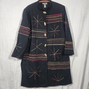 Indigo Moon jacket sz 1X long black colorful embroidery